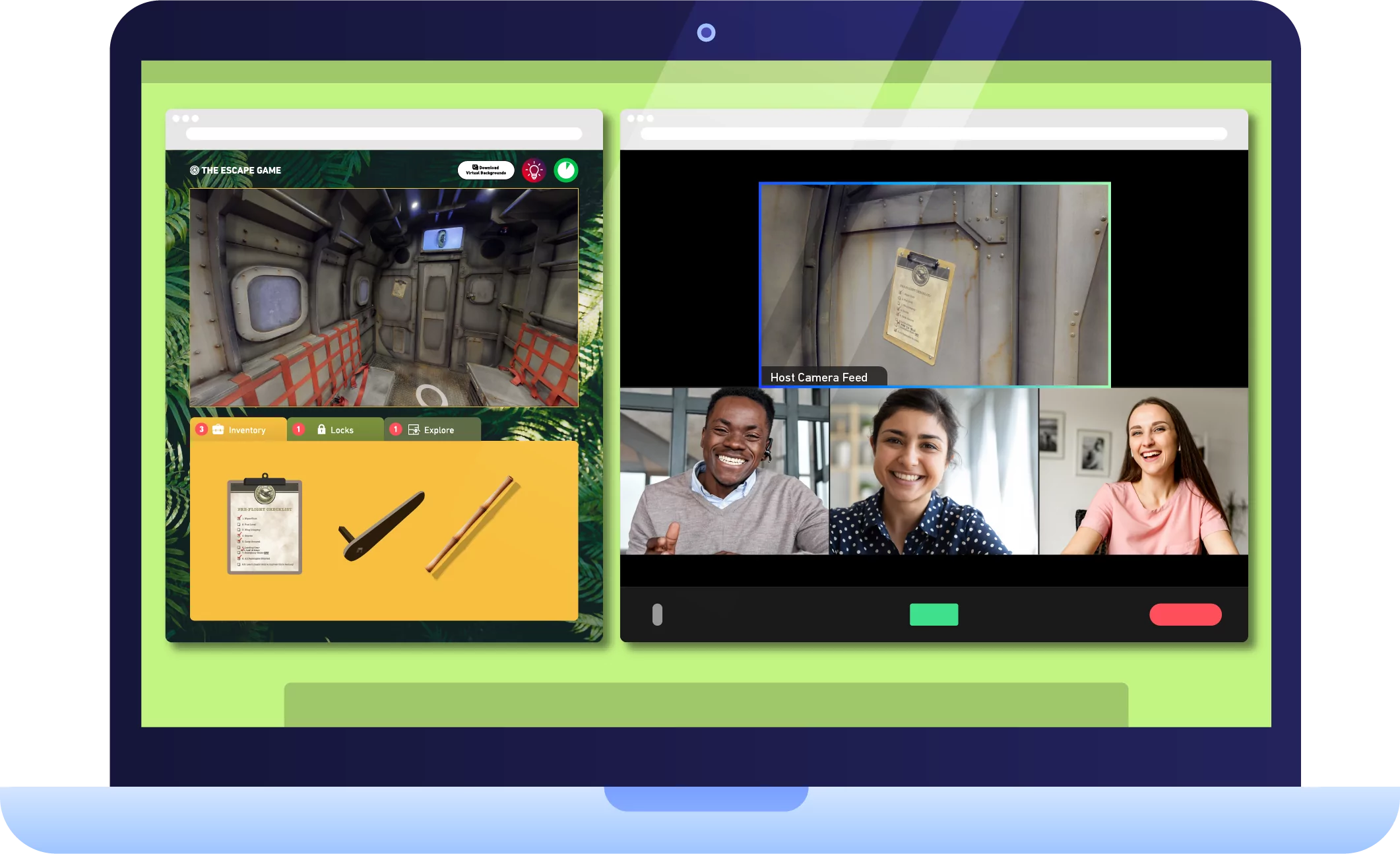 virtual-escape-room woman thinking on a zoom call